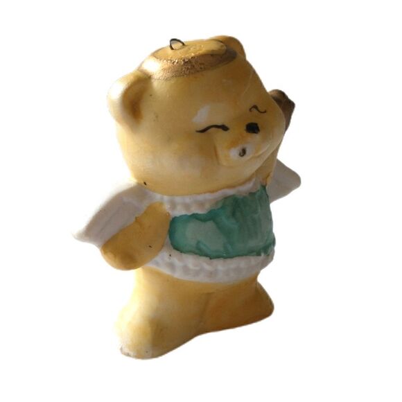 Vintage Ceramic Teddy Bear Ornament Handpainted 1980s Guardian Angel Wings - Picture 4 of 16